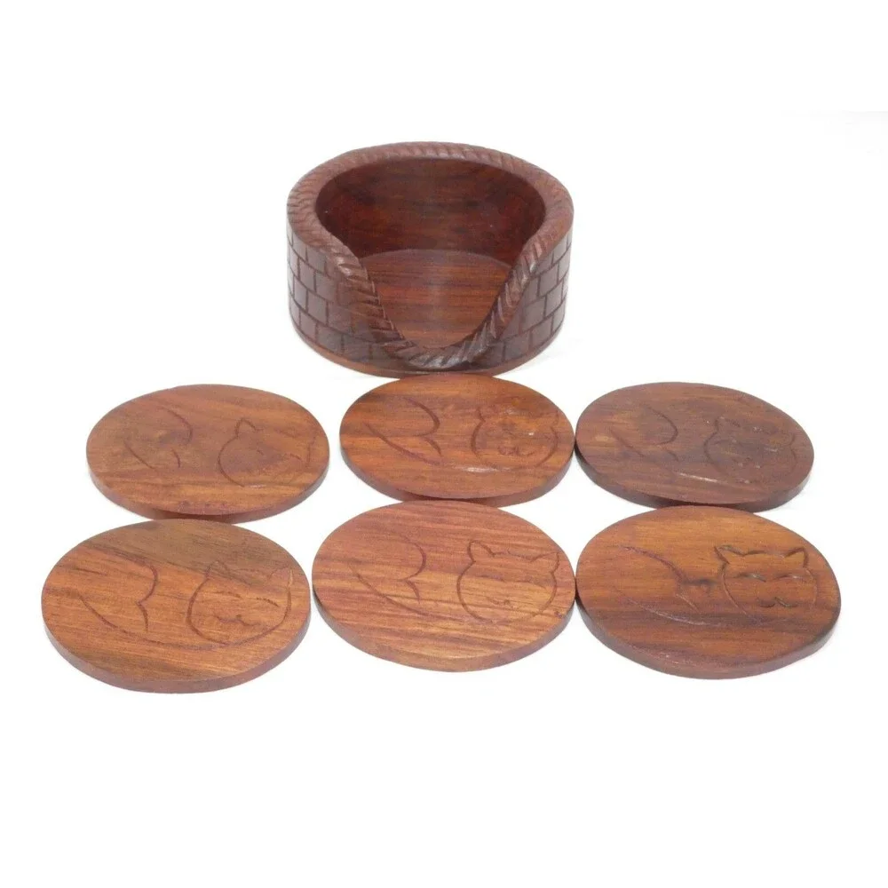 Wood Coasters Cat Kitten Set of 6 Stackable Cat Bed Holder - Carved Decor India